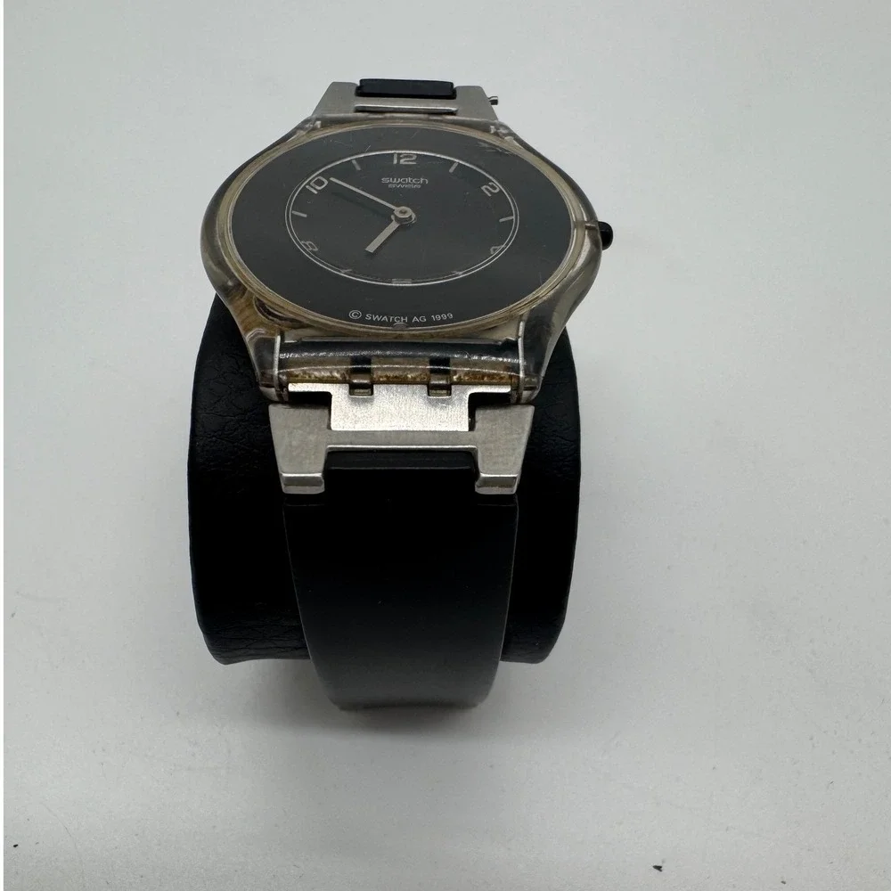Swatch Skin 1999 Vintage Ultra Thin Watch Black Dial Silver Steel Rubber Strap‎